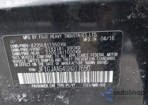 2016 Subaru Impreza 2.0I from USA, damaged, VIN JF1GJAA64GH017650